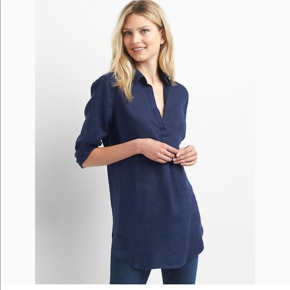 Gap navy blue linen tunic pullover shirt 14 16